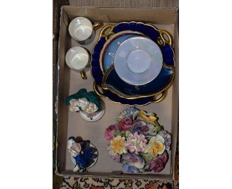 Crown Devon Blue Royale dish chinoisery design and another with roses, pair of Crown Ducal coffee cans and saucers, a posy pa