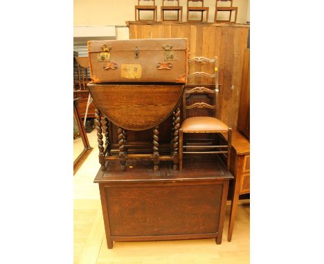 A collection of furniture comprising bookshelf, side chair, blanket chest, travelling trunk and a gateleg table, (5), complet