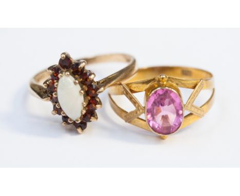 A 9ct gold ladies dress ring, set with a pink facetted stone, ring size 'O' plus a 9ct gold opal and garnet dress ring, size 