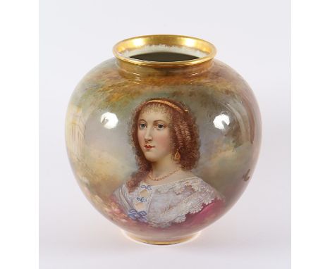 VASE MIT PORTRAIT, "Königin Henrietta Maria von Frankreich". Feinsteinzeug, bemalt, signiert Dingendorf, H 22, am Boden bez.,