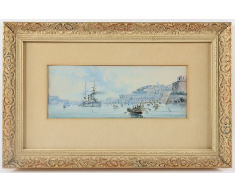 AQUARELLIST UM 1900, "Dampfschiff vor südlicher Stadtansicht (Valletta?)", Aquarell/Papier, 9,5 x 26 (Passepartoutausschnitt)