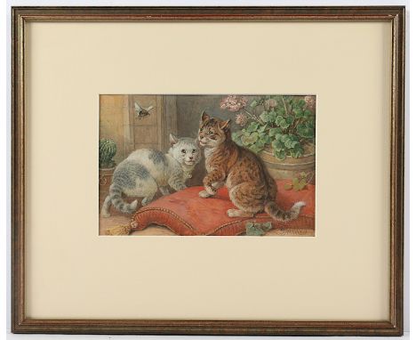 SPECHT, Friedrich (1839-1909), "Zwei Katzen mit einer Hummel", Aquarell/Papier, 13 x 20 (Passepartoutausschnitt), unten recht
