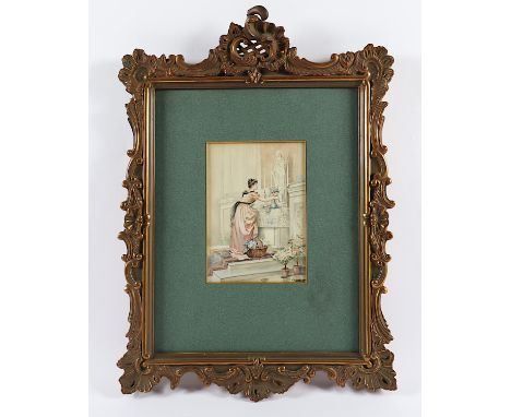 GAUDIO, E. L. (Frankreich A.20.Jh.), "Junge Frau beim Schmücken eines Altars", Aquarell/Papier, 20 x 14 (Passepartoutausschni