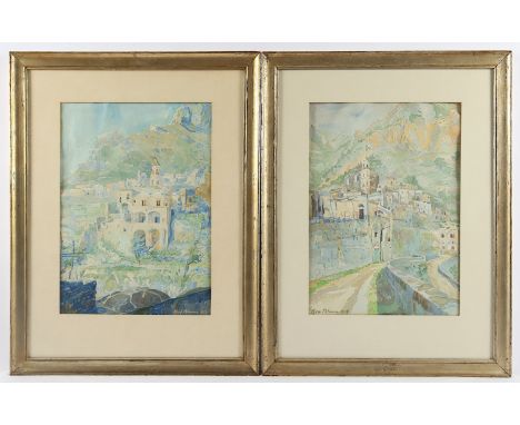 BLUM, Theo (1883-1968), "Zwei südliche Stadtansichten", Aquarell/Papier, 41 x 29 (Passepartoutausschnitt), jeweils signiert u