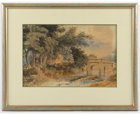 AQUARELLIST UM 1900, "Landschaft mit Brücke", Aquarell/Papier, 22 x 33 (Passepartoutausschnitt), R.