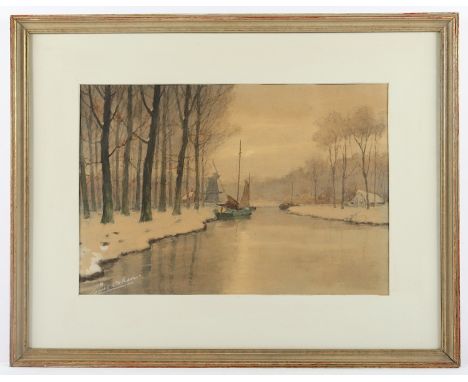 AQUARELLIST UM 1920, "Winter am Niederrhein", Aquarell/Papier, 33, 5 x 49 (Passepartoutausschnitt), unten links unleserlich s