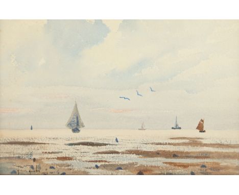 FUCHS, Franz (1871-1929), "Watt bei Juist", Aquarell/Papier, 14 x 22 (Passepartoutausschnitt), unten links signiert und "1901