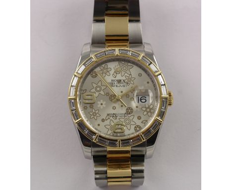 ARMBANDUHR, Stahl/Gold, Marke: ROLEX, Modell: Oyster Perpetual Datejust, Floral motif, Superlative Chronometer, Zifferblatt m