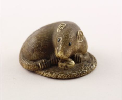 NETSUKE RATTE, Elfenbein, Augen schwarzes Horn, das große Tier liegt zusammengerollt auf einer Bastmatte, detailreich gearbei