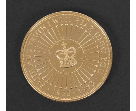 Royal Mint red leather cased 5 Pounds - Elizabeth II 40th Coronation Jubilee Gold Proof, the centre is the young heat portrai