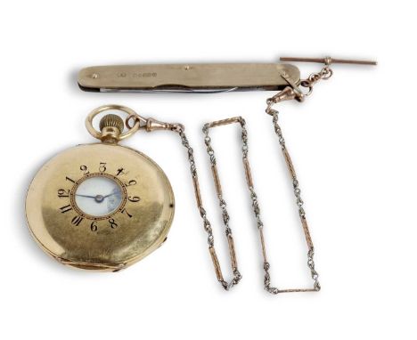 An 18ct gold half hunter pocket watch by Hilton of Stockton with a two tone 9ct gold chain and a 9ct gold cased pocket knife,