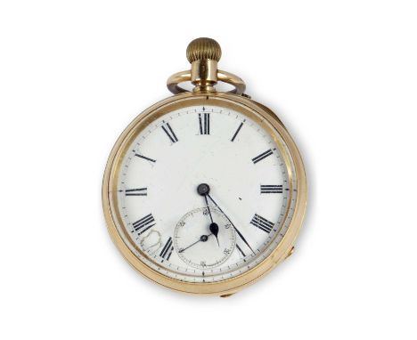 Yellow metal open faced pocket watch stamped K18 inside the case back and movement cover, has a manually crown wound movement