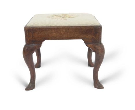 A Georgian cabriole legged foot stool, the top with floral tapestry cover, 45cm wide, 40cm high, 40cm deep