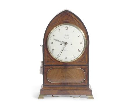 Smithe, Cornhill, London Georgian bracket or mantel clock set in a mahogany veneered lancet formed case with ogee brass feet,