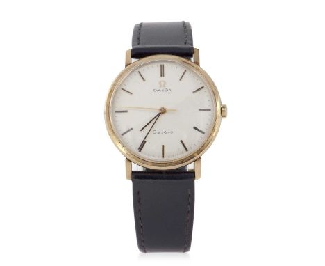 A 9ct gold Omega Geneva presentation wristwatch with original box and guarantee, stamped on the inside of the case back Omega
