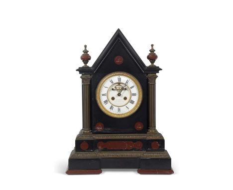 A large 19th Century French mantel clock, the white enamel face signed Au Lingot D'Or E.Bordies, with exposed escapement and 