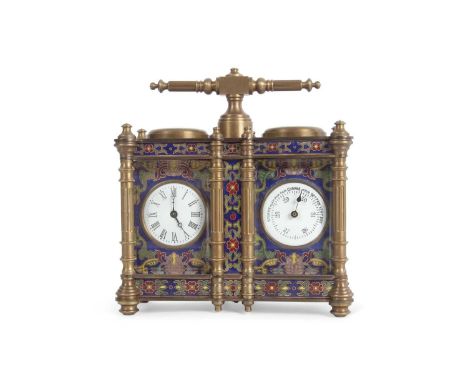 A reproduction brass and cloisonne panelled carriage clock/barometer combination with capstan formed carrying handle, 12cm wi