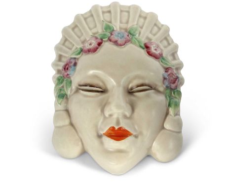 Clarice Cliff wall pocket designed as a young lady with headress, possibly Marlene Dietrich