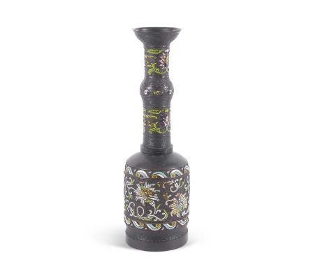 A Chinese large alter candlestick of archaistic form with applied Ming style enamel decoration (drilled for lamp fitting), 50