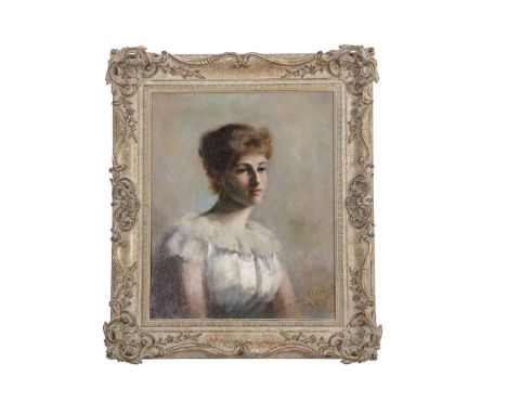 Evelina Adshead (British, exh.1891-1894), portrait of a young lady in a white dress, oil on canvas, 16x20ins, signed and date