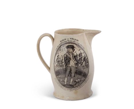 A late 18th century creamware documentary Nelson jug with oval medallion printed with a fuill length portrait of Nelson title