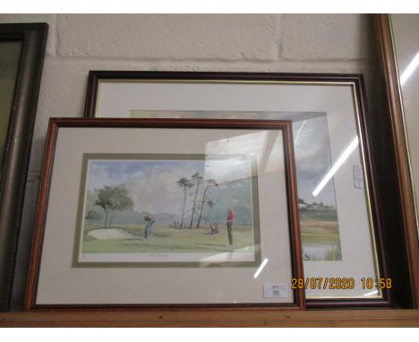 GOLF INTEREST PRINT, “THE BIRDIE”, APPROX 18 X 30CM NUMBERED AND SIGNED IN PENCIL TO MARGIN, TOGETHER WITH A FRAMED WATERCOLO