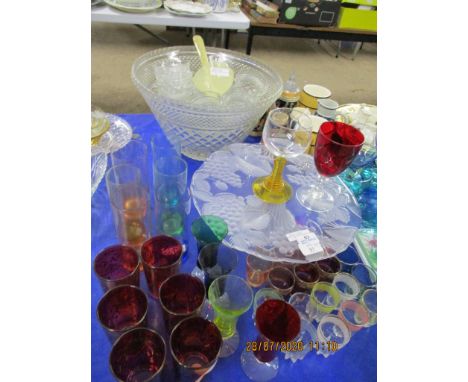 PUNCH BOWL WITH GLASSES AND LADLE, TOGETHER WITH OTHER DECORATIVE AND COLOURED GLASS WARE