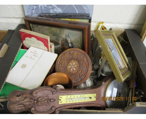 BOX CONTAINING QUANTITY OF VARIOUS CLEARANCE ITEMS INCLUDING BAROMETER, VARIOUS SMALL PICTURES ETC