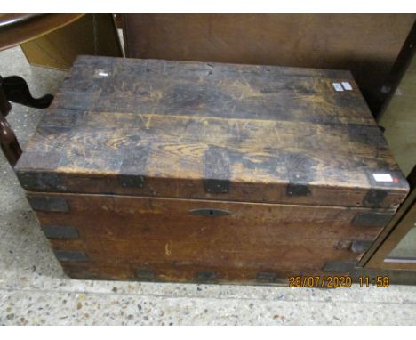 PINE METAL BOUND VINTAGE TRUNK, 84CM WIDE