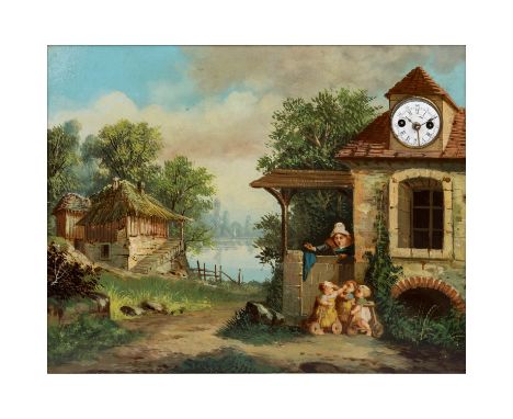 BILDERUHR, 19. Jh., Öl auf Metalplatte, humorvolle Szene mit streitenden Kleinkindern, Uhrwerk mit Kurzpendel, und Musikspiel