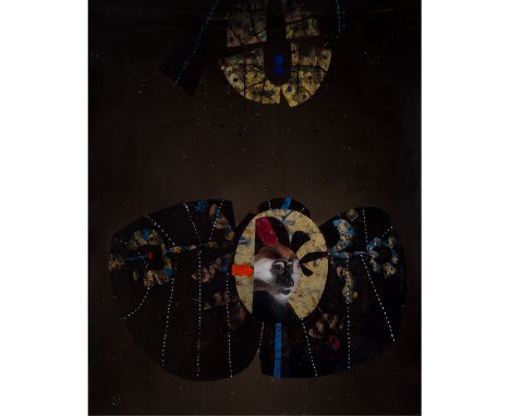 CIUHA, JOZÉ (1924-2015), "Komposition mit Rotscheitelmangabe", 1977, Portrait des Primaten vor abstrahierten Figuren, o.re. s