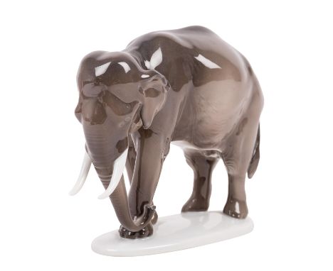 ROSENTHAL 'Elefant', Marke von 1928. Weißporzellan staffiert in Braun- und Grautönen, auf ovaler Plinthe stehender Elefant, E