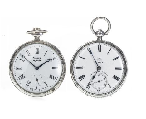 SILVER OPEN FACE POCKET WATCH, the round white dial with Roman numerals, outer seconds track in black, the dial signed Talbot