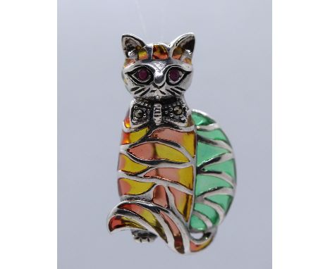 Silver, ruby, marcasite and enamel cat brooch/pendant 