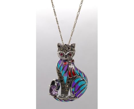 Silver marcasite ruby and amethyst enamel cat brooch/pendant on silver chain 