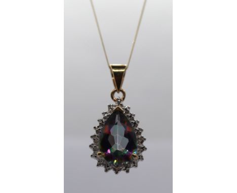 9ct gold teardrop pendent set with mystic topaz and diamonds on a 9ct gold chain