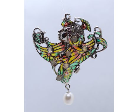 Art nouveau style, silver pendant/brooch set with ruby moonstone and pearl 
