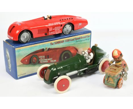 Tinplate and Meccano racecars plus other including: (1) Schylling Sunbeam 1000 land speed record car, key (untested), within 