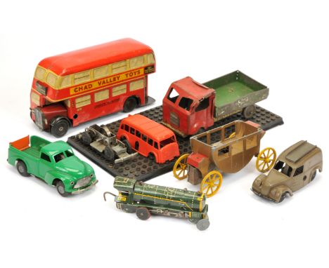Collection of tinplate and plastic vehicles including: Triang Minics, Chad Valley double decker bus, plus others, untested, s