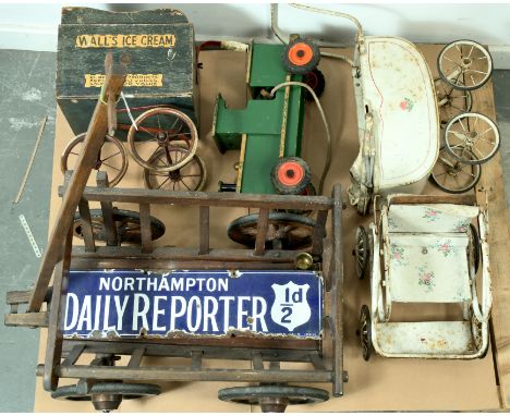 Mixed lot including: wooden wagon, dolls pram, wooden train, enamel sign plus others, Fair to Good, (Qty). Please note this l