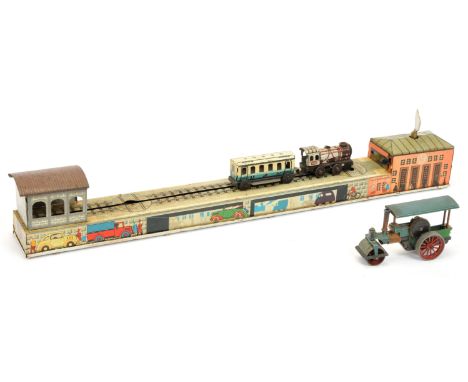 Arnold (Germany) train layout, surface corrosion, key, (untested), 15"/38cm; also included Lesney (UK), diecast steam roller