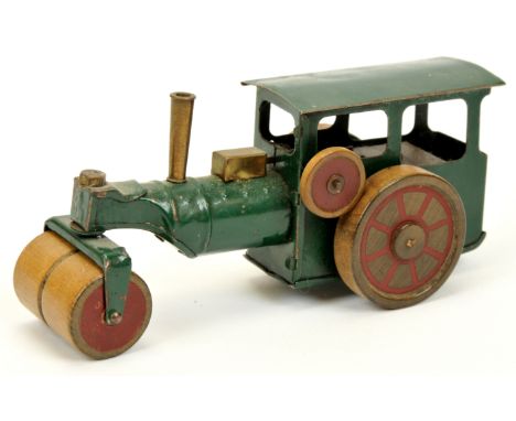 Triang Minic 33M pre-war Steam Roller, wooden wheel, brassed chimney, forward and reverse clockwork action (MISSING key and u