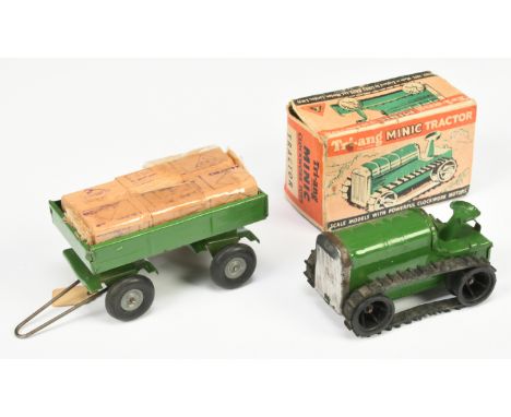 Triang Mini Tractor and trailer: (1) Tractor, MISSING key (untested), within Fair Plus box; (2) Trailer with original wooden 