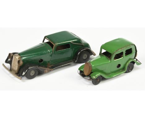 Triang Minic pair including: Vauxhall Cabriolet and Ford Saloon, age related wear, MISSING keys (untested), Fair Plus to Good