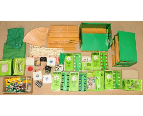 Subbuteo, a mixed&nbsp; group of Accessories and teams to include Stands, goals, spare pitches, also a brown box full of play