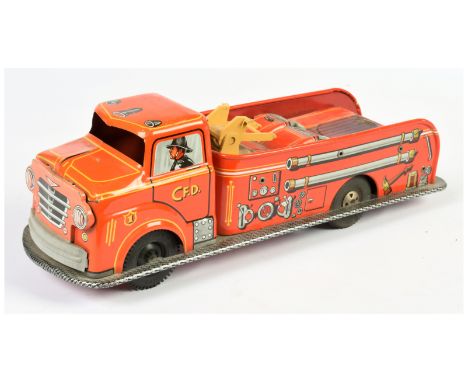 Marx Toys (USA) Fire Truck, red, with tinprinted detail, MISSING ladder, friction powered, untested, Good, 14.5"/37cm.