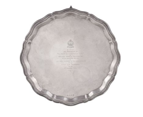 [Royal, band leader and military interest] A silver shaped circular salver by Viners, Sheffield 1945, with a raised moulded r