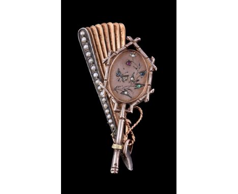  A French Aesthetic movement brooch,   circa 1870, the multi gem and seed pearl set gold novelty brooch in the form of a jewe