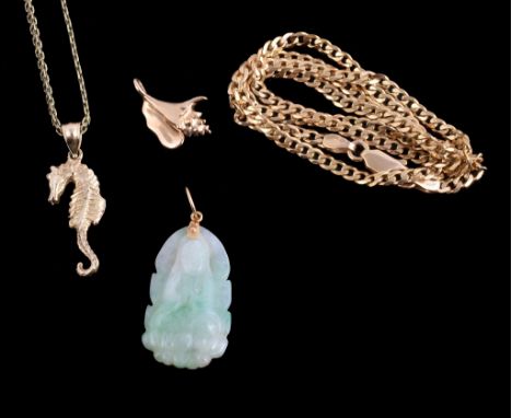  A gold coloured necklace,   composed of curb links, stamped 375, 45cm long, 7.3g; a seahorse pendant, on a fancy link neckla