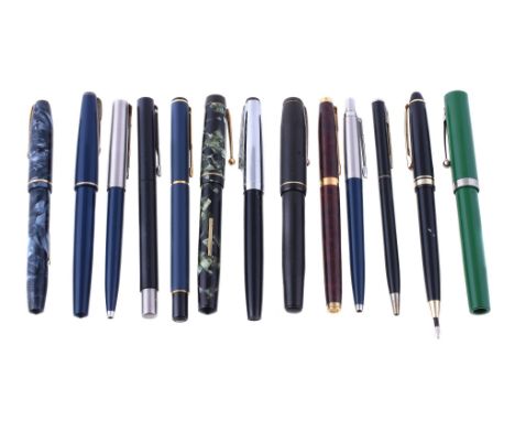  A collection of pens,   to include: Parker, 17, a blue lacquer fountain pen, the cap with a gilt metal arrow clip and cap ba